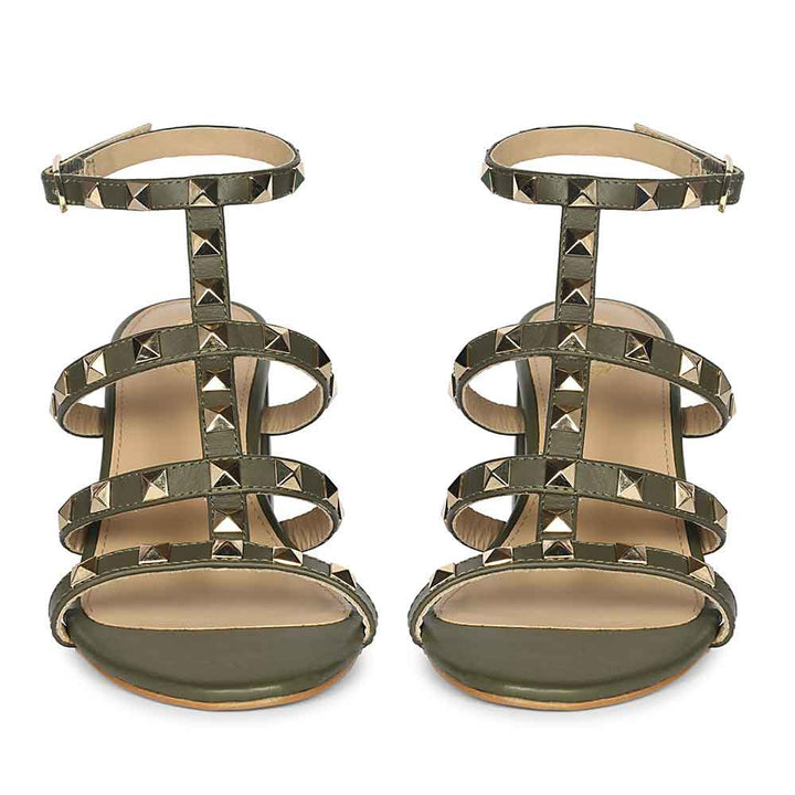 Saint Angela Gold Studs Olive Leather Block Heels