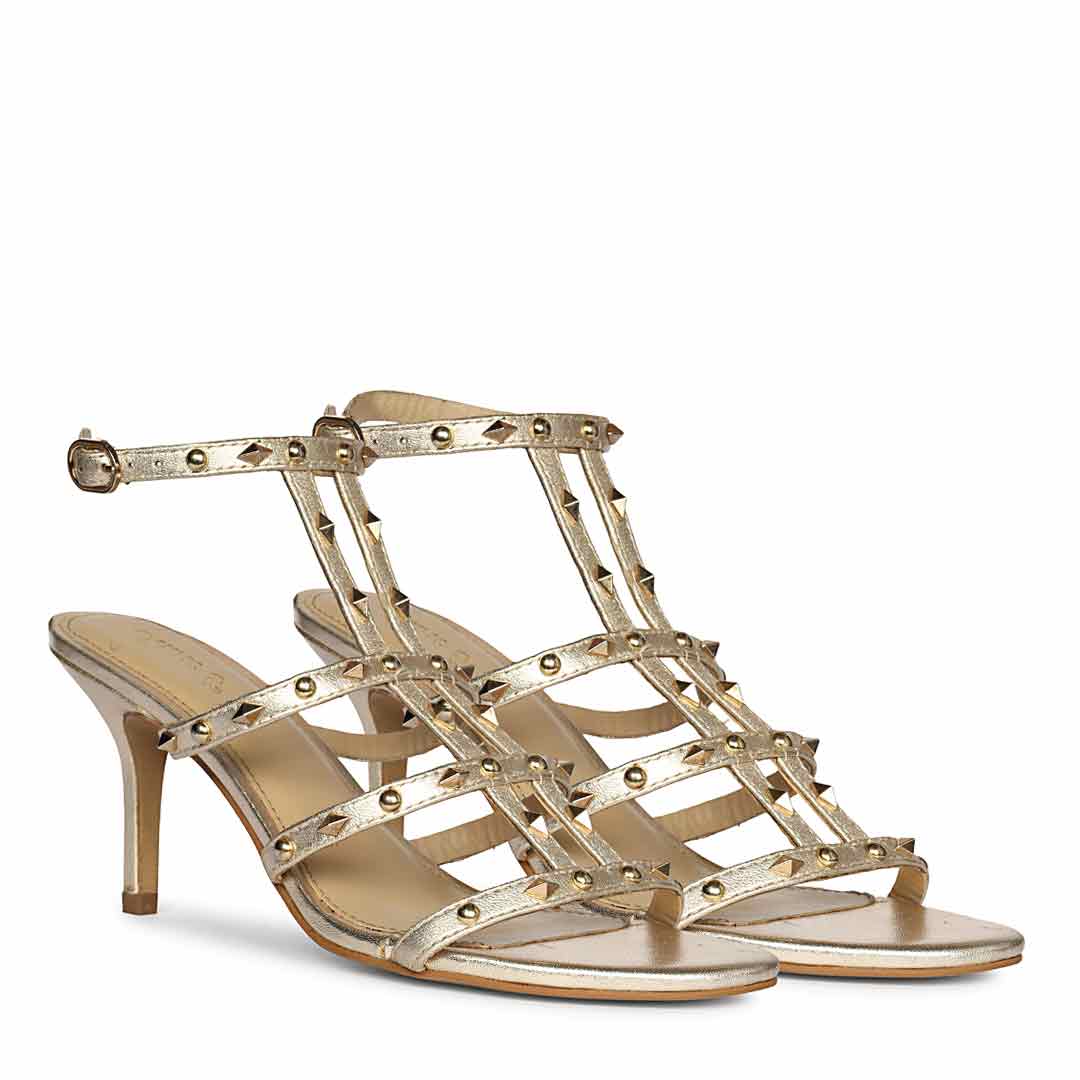 Saint Quenel Metallic Gold Leather Studded Stilettos