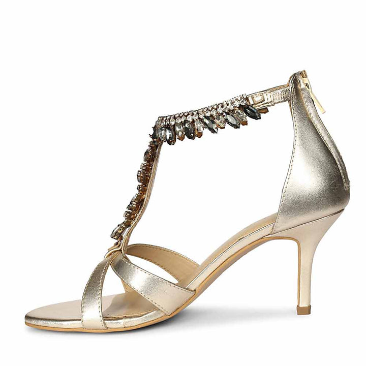 Saint Celestia Stone Embellished Gold Leather Stilettos