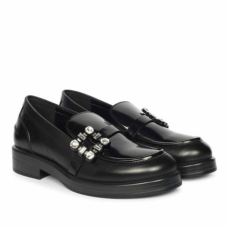 Saint Rue Crystal Buckle Black Abrasivato Leather Moccasins