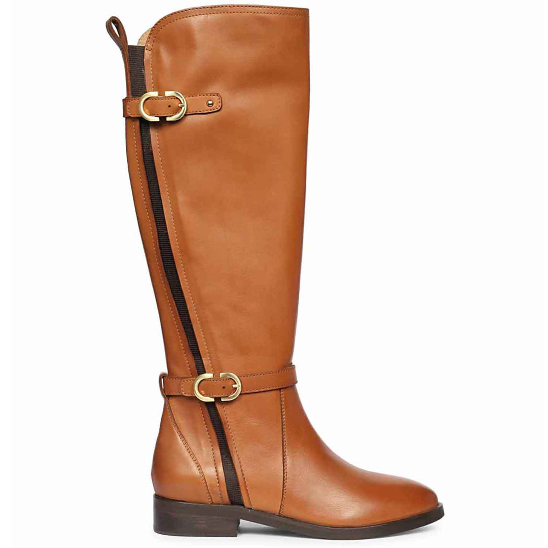 Saint Darla Dual Gold Buckle Accents Tan Leather Long Boots