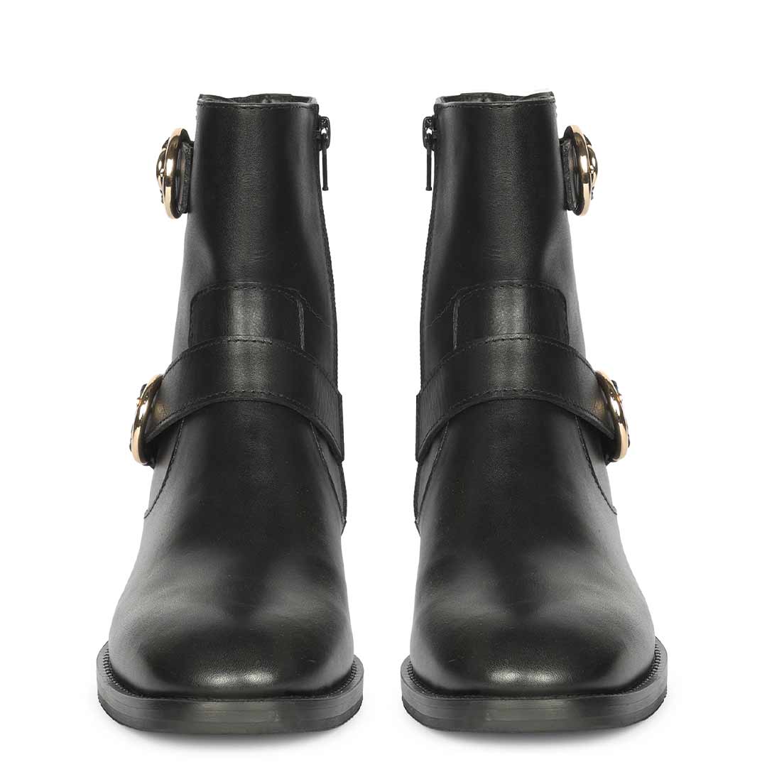 Saint Petra Double Buckle Black Leather High Ankle Boots