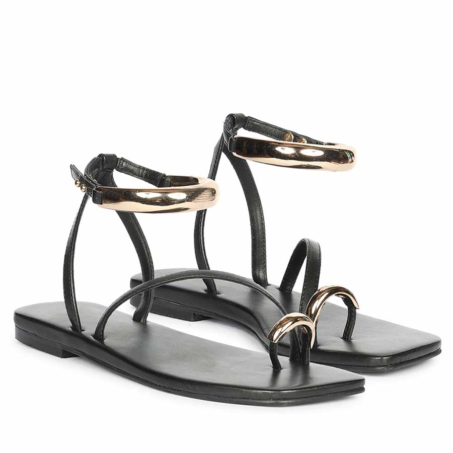 Saint Zinovia Gold-Trim Black Leather Sandals