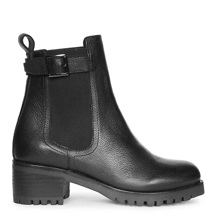 Saint Nalani Buckle Decor Black Leather Ankle Boots