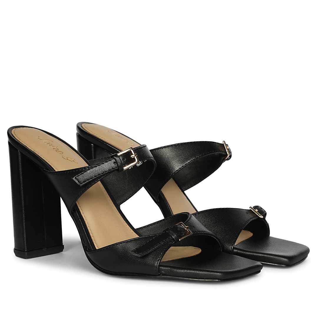 Saint Mallory Buckle Black Leather Heels