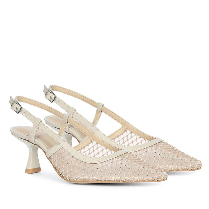 Saint Twila Crystal Embellished Beige Leather Slingbacks