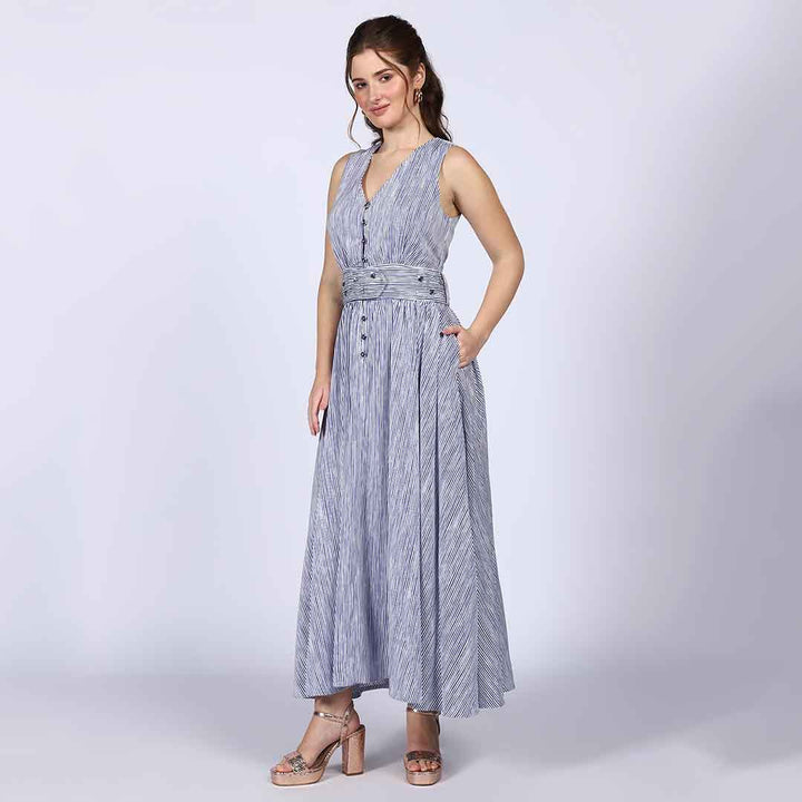 Saint Isabelle Blue Cotton Striped Maxi Dress