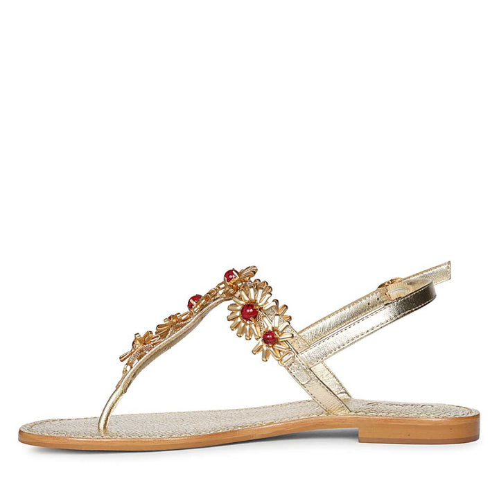 Saint Freesia Red Flower Gold Leather Sandals