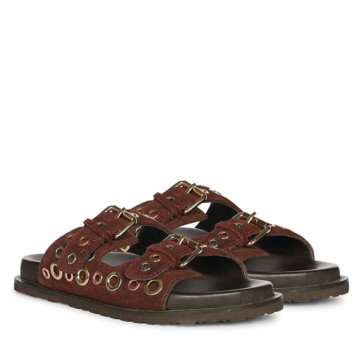 Saint Grethe Eyelets Bordo Suede Leather Footbed Sandals