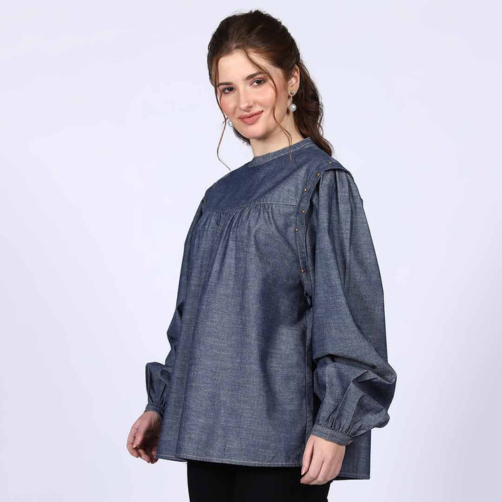 Saint Hazel Grey Cotton Chambray Top