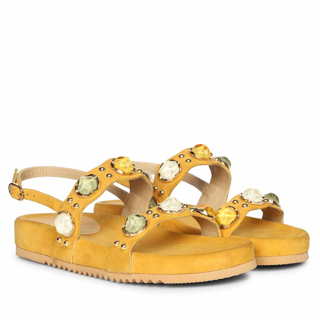 Saint Solira Multi Trim Yellow Suede Leather Footbed Sandals