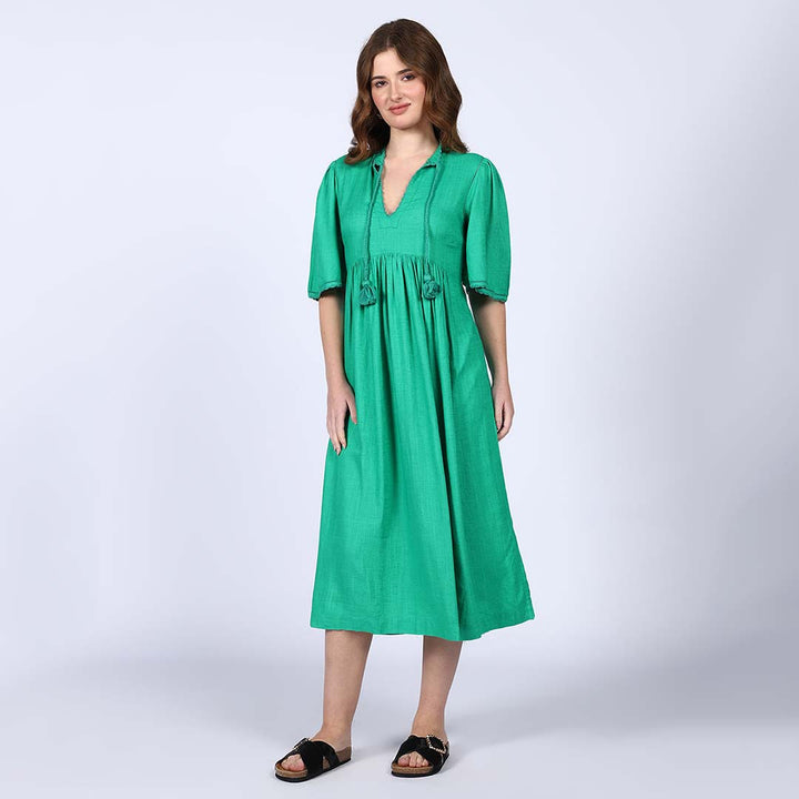 Saint Rosalie Green Cotton Slub Midi Dress