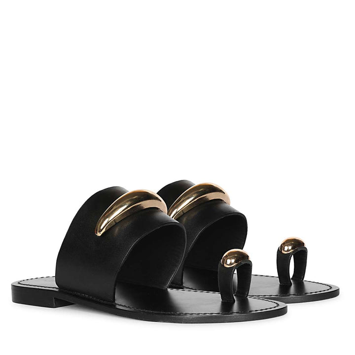 Saint Quinel Gold Metal Accents Black Leather Flats