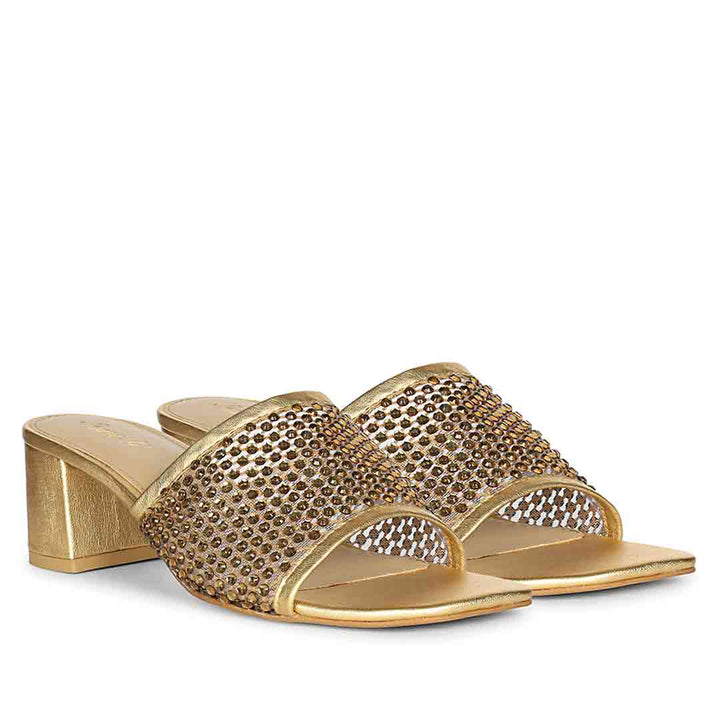 Saint Valisa Crystal Gold Leather Block Heels