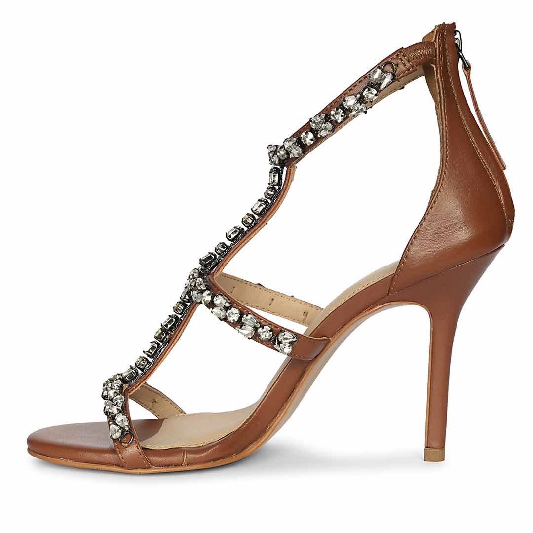 Saint Ella Stone Embellished Cognac Strappy Leather Stilettos