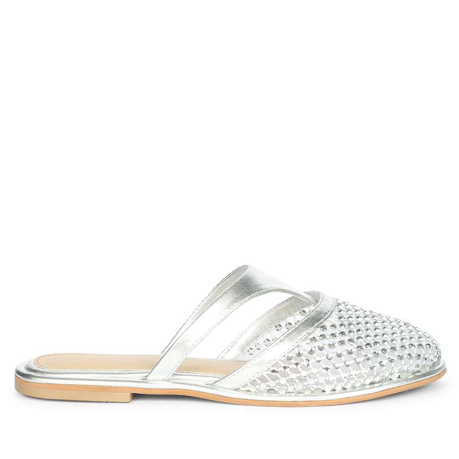 Saint Nerissa Crystal Mesh Silver Leather Mule Flats
