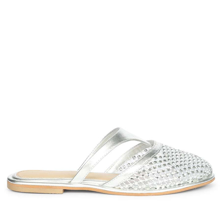 Saint Nerissa Crystal Mesh Silver Leather Mule Flats