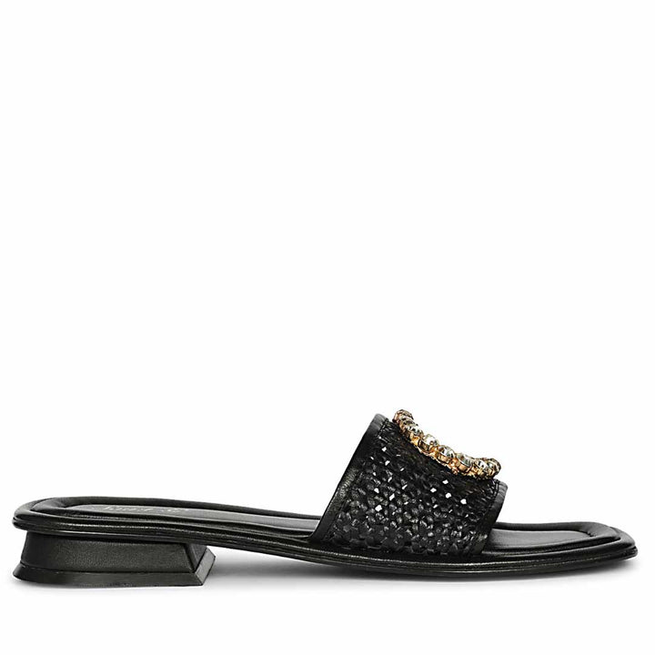 Saint Carly Black Woven Leather Crystal Buckle Slide
