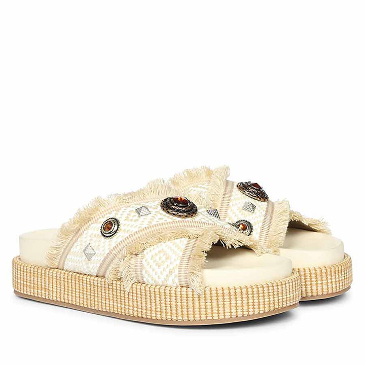 Saint Lenora Raffia Fringe Leather Platform Sandals