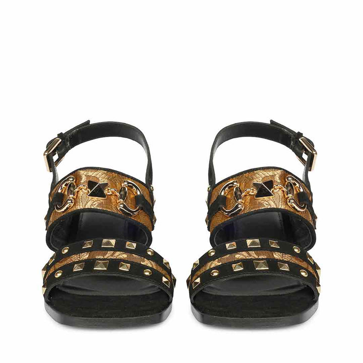 Saint Edie Embellished Metallic Black Leather Block Heel