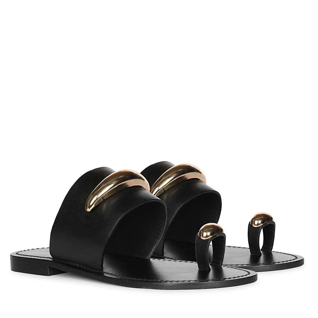 Saint Quinel Gold Metal Accents Black Leather Flats