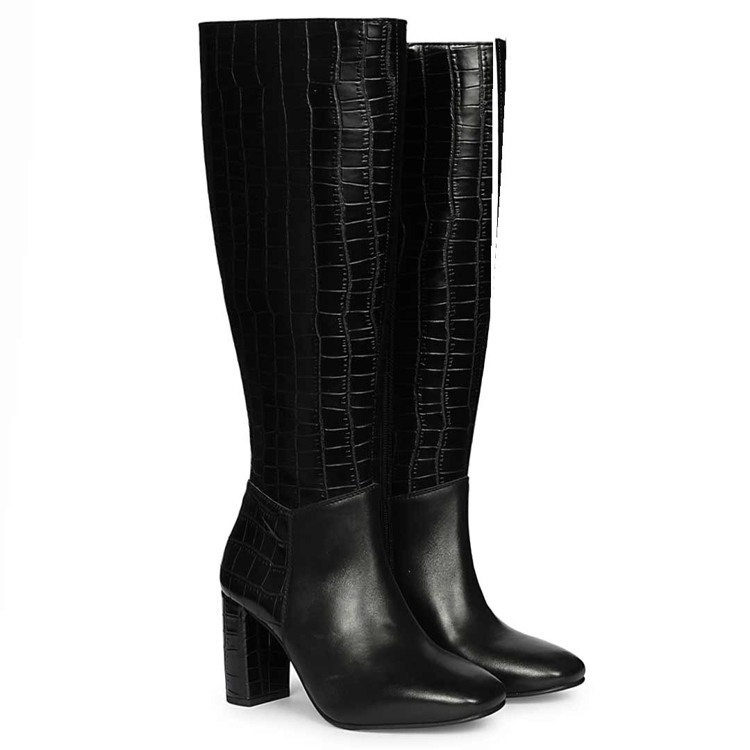 Saint Sadie Black Croc-Embossed Leather Knee High Boots