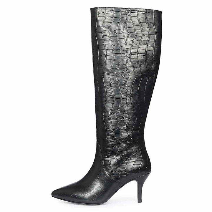 Saint Adella Croc Embossed Black Leather Long Boots
