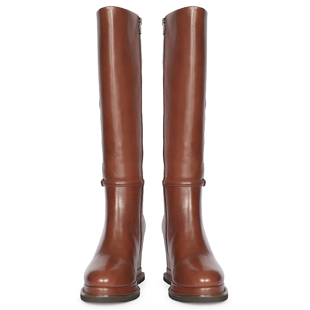 A pair of tall brown leather riding boots shown from the back, featuring a smooth finish, side zippers