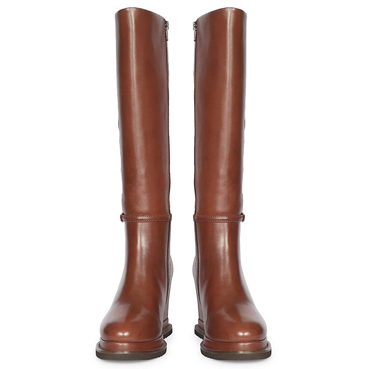 A pair of tall brown leather riding boots shown from the back, featuring a smooth finish, side zippers