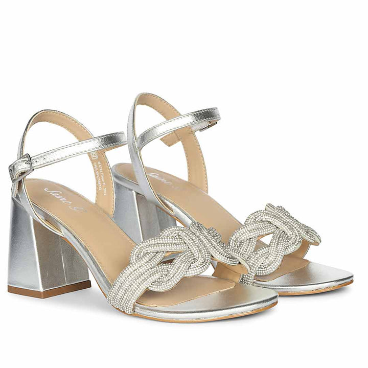 Saint Celeste Knot Embellished Silver Metallic Leather Heels