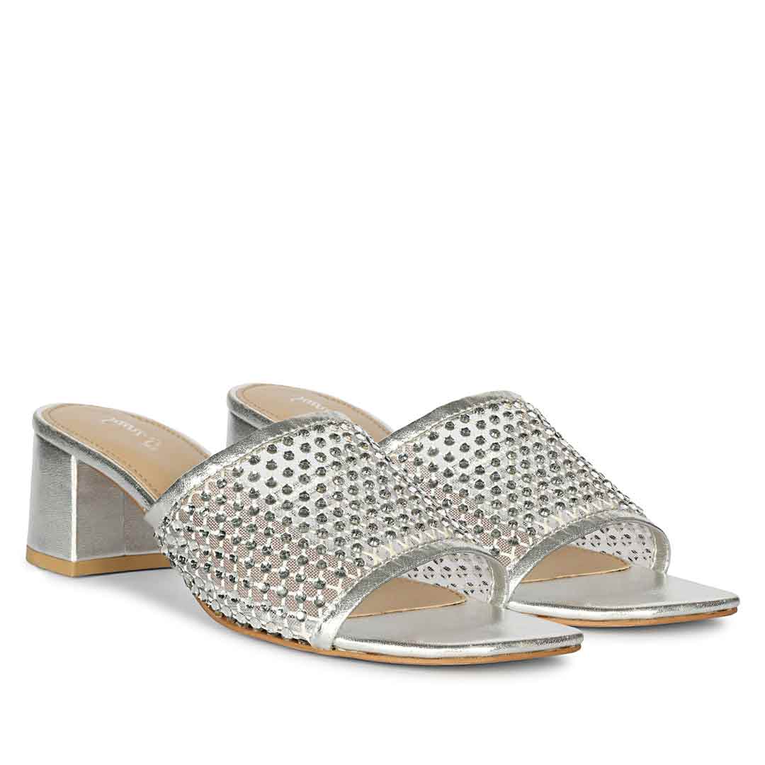 Saint Valisa Crystal Silver Leather Block Heels