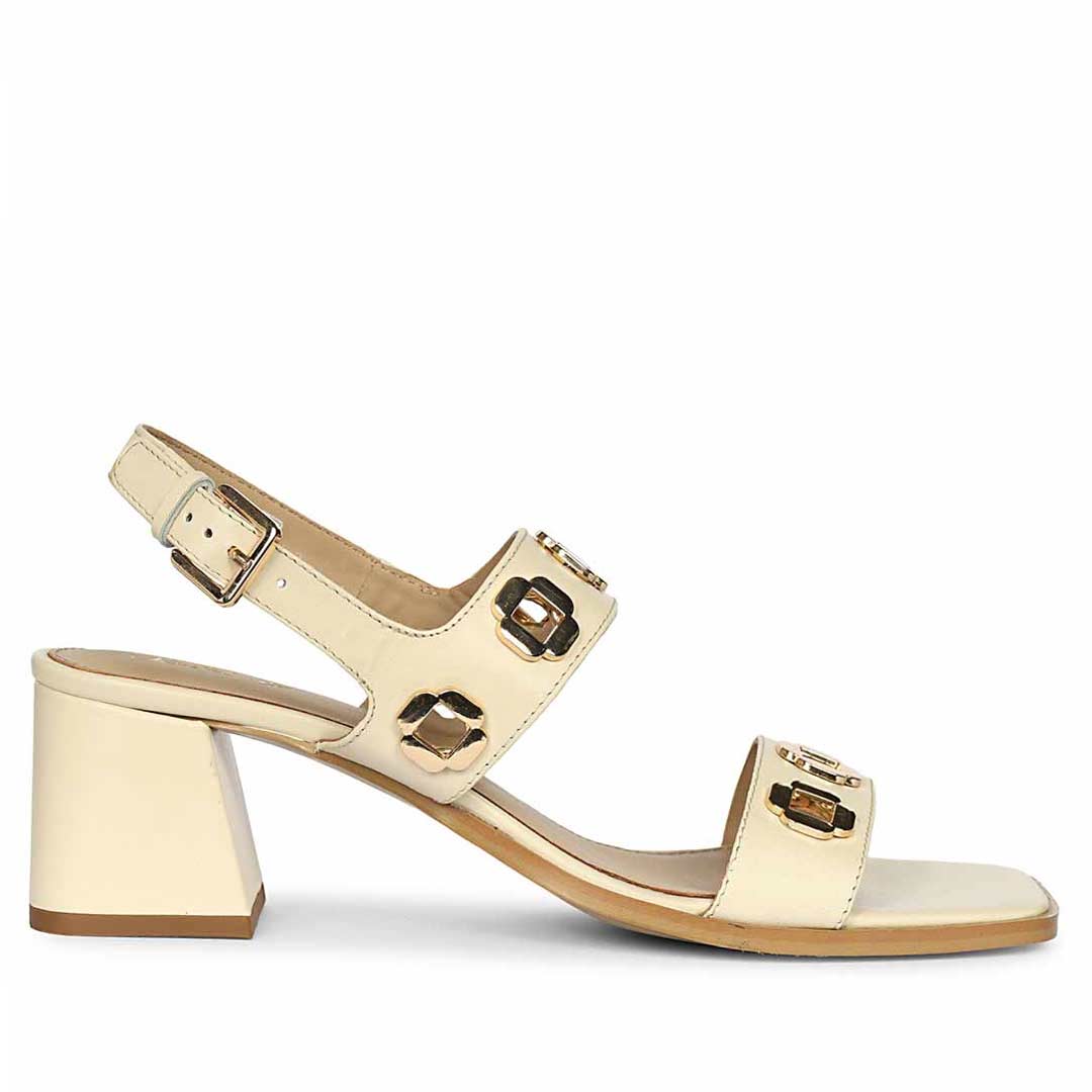 Saint Alviera Gold Flower Eyelets Off White Leather Block Heels