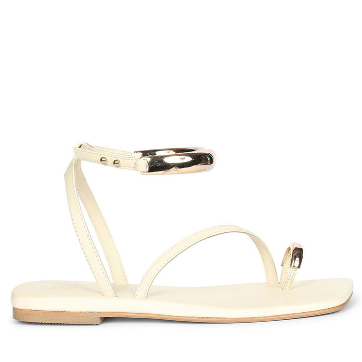 Saint Zinovia Gold-Trim Off White Leather Sandals
