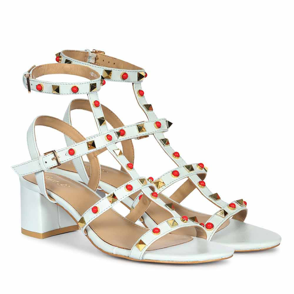 Saint Lucien Sky Blue Leather Studded Gladiator Block Heels