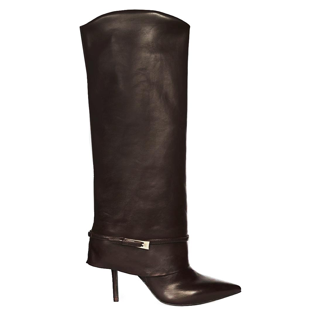 A dark brown leather knee-high boot with a pointed toe and a thin metallic strap detail around the ankle