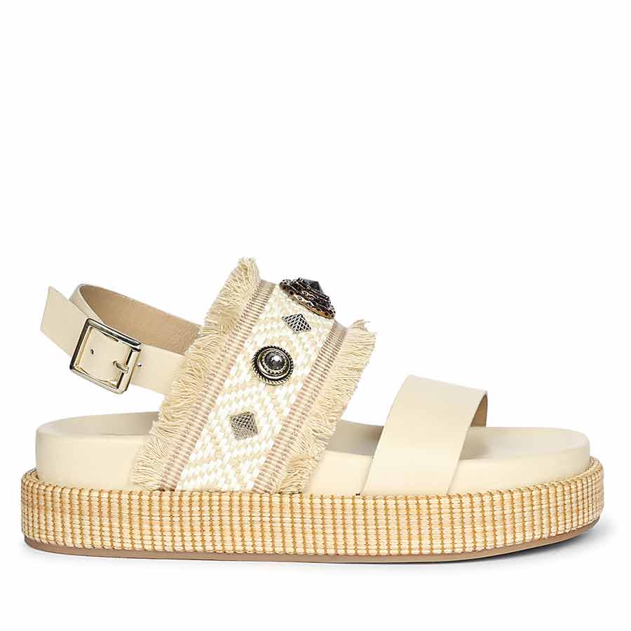 Saint Dahna Beige Raffia Leather Platform Sandals
