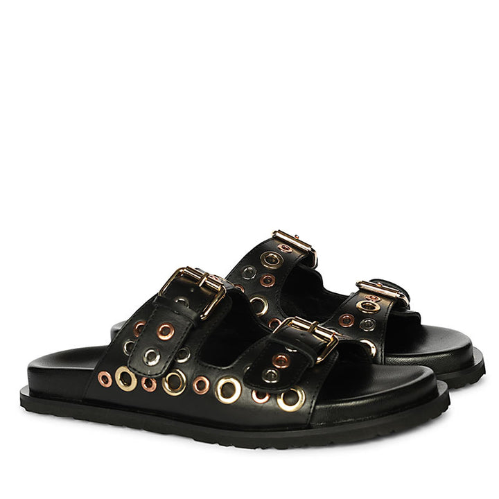 Saint Grethe Eyelets Black Leather Footbed Sandals