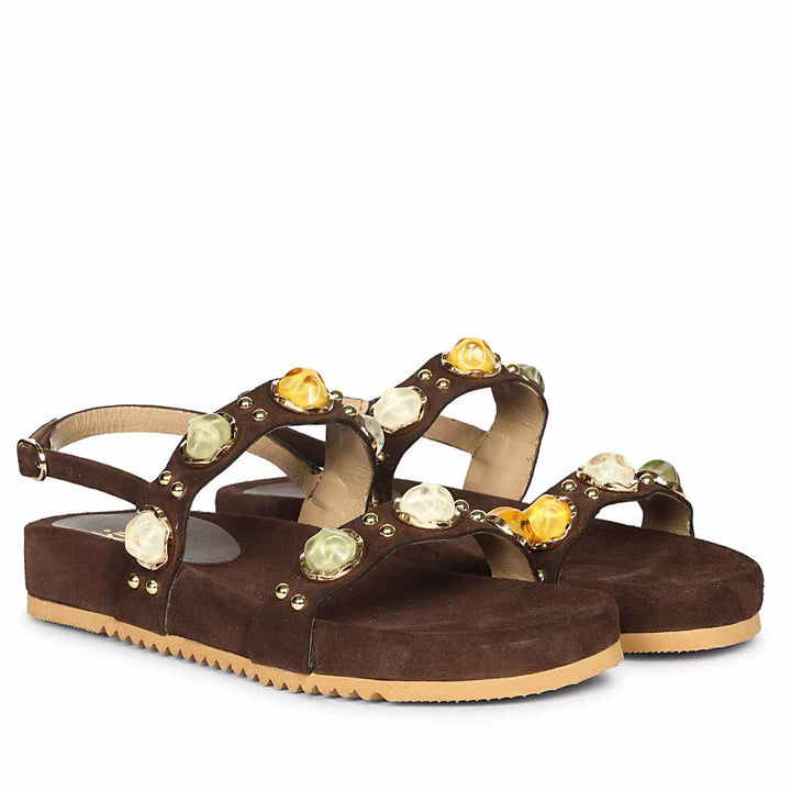 Saint Solira Multi Trim Brown Suede Leather Footbed Sandals