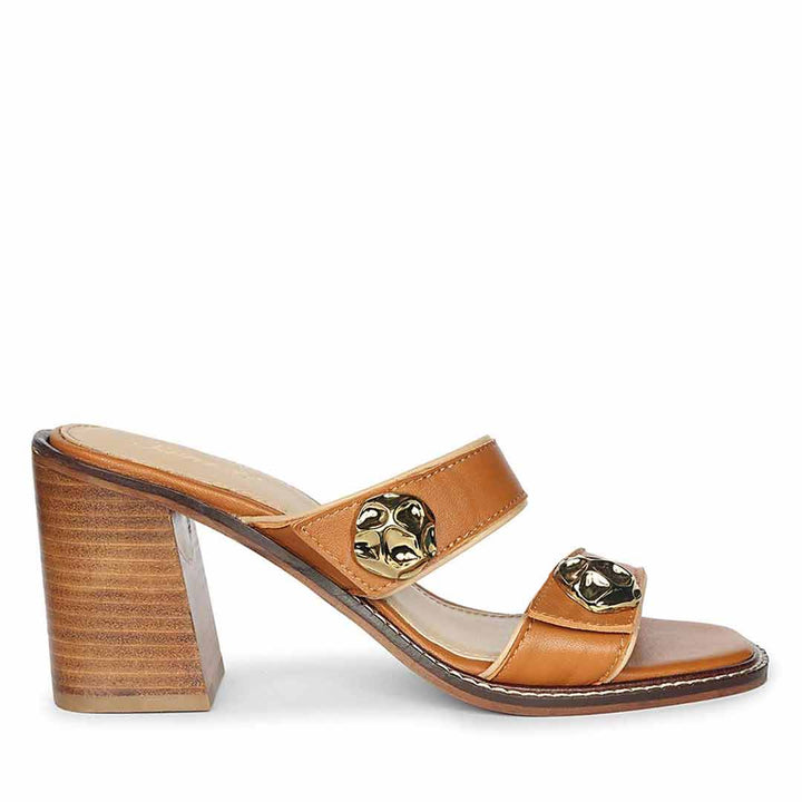 Brisa Gold Emblems Tan Leather Heels for Women