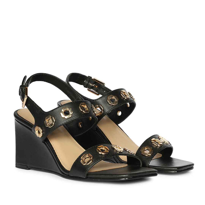 Saint Kendall Gold Eyelet  Black Wedge Heels