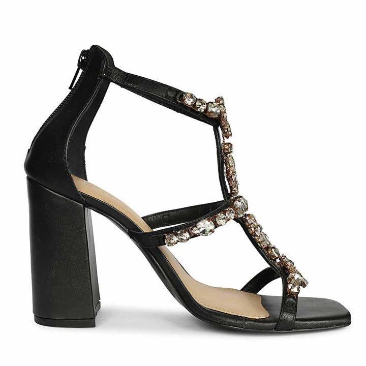 Saint Holly Crystal Stone Black Leather Block Heels