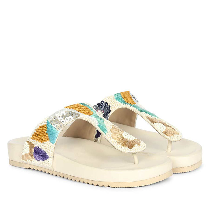 Saint Zaria Embroidered Off-White Leather Thong Footbed