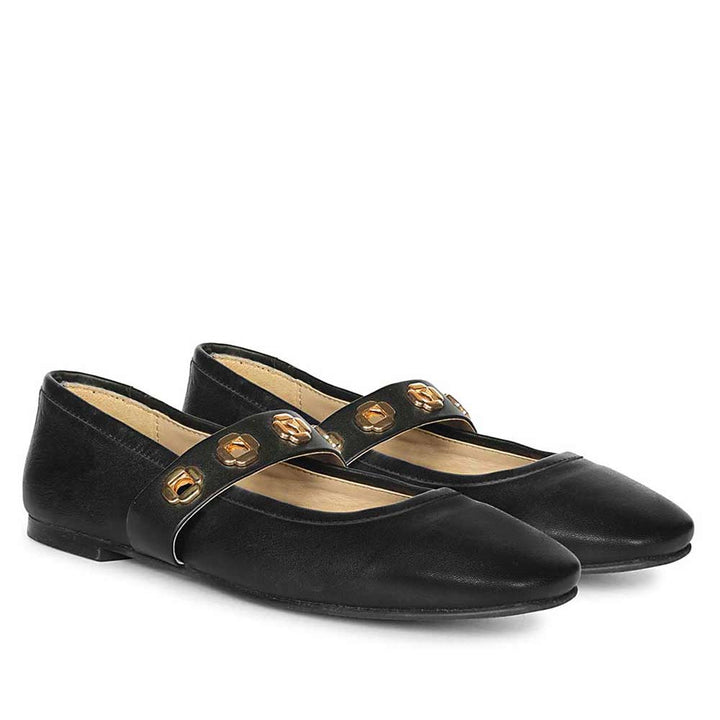 Saint Olwen Flower Eyelets Black Leather Ballet Flats