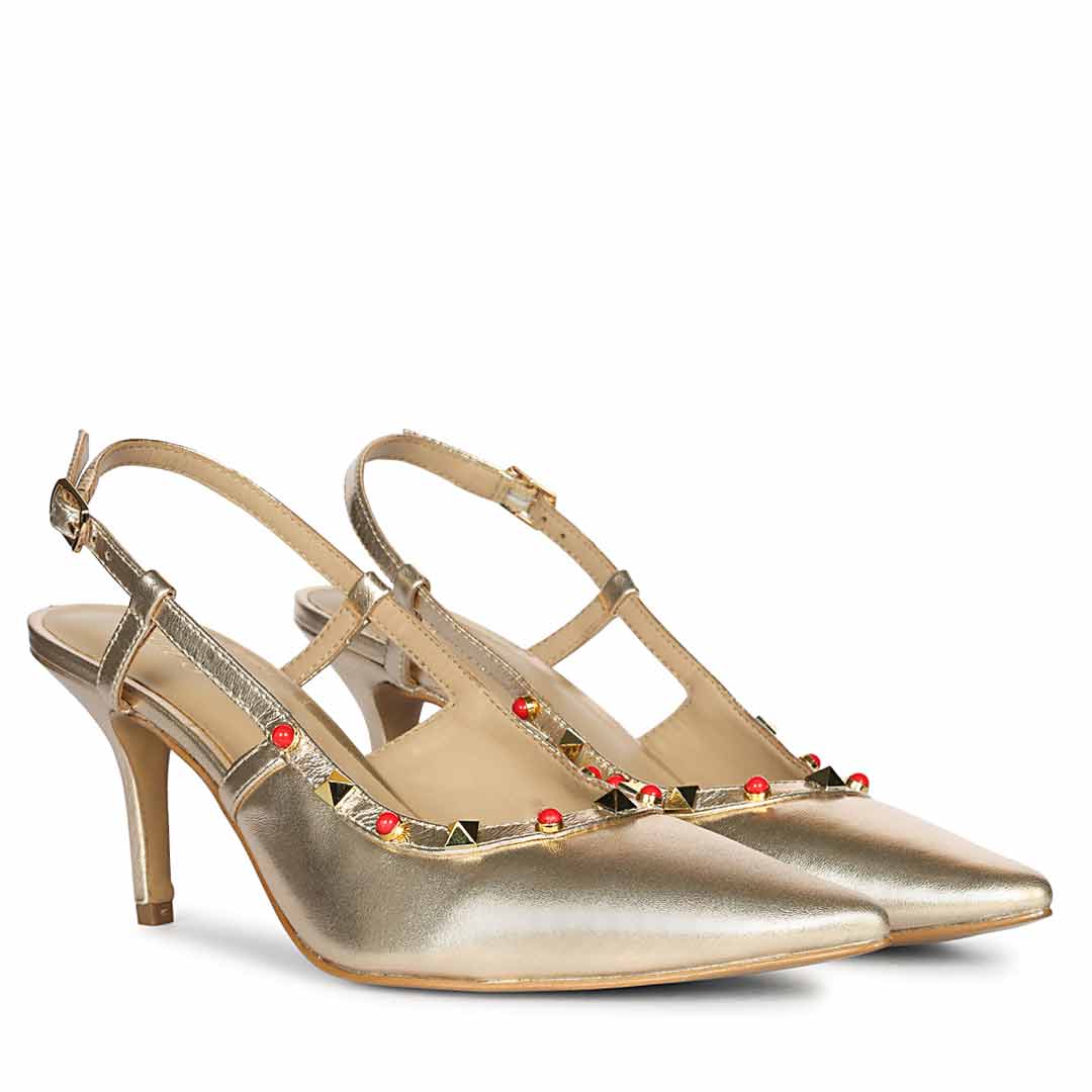 Saint Petra Studded Metallic Gold Leather Pumps