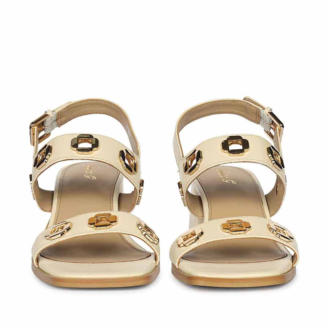 Saint Alviera Gold Flower Eyelets Off White Leather Block Heels