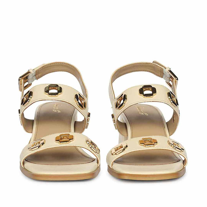 Saint Alviera Gold Flower Eyelets Off White Leather Block Heels