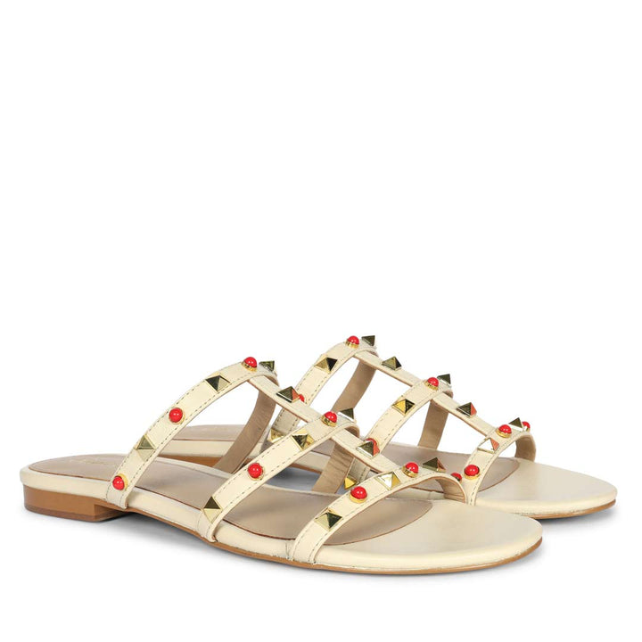 Saint Valene Studded  Off-White Leather Flats