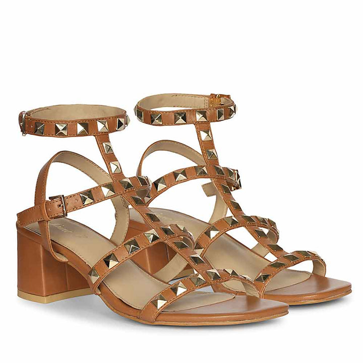 Saint Angela Gold Metal Double Buckle Tan Block Heels