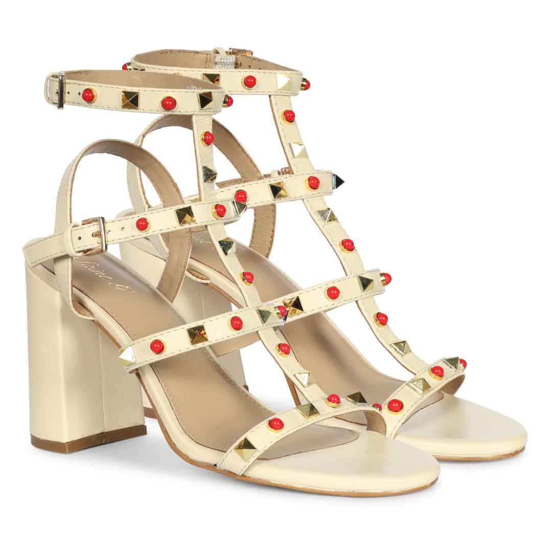 Saint Lorien Off-White Leather Studded Block Heels