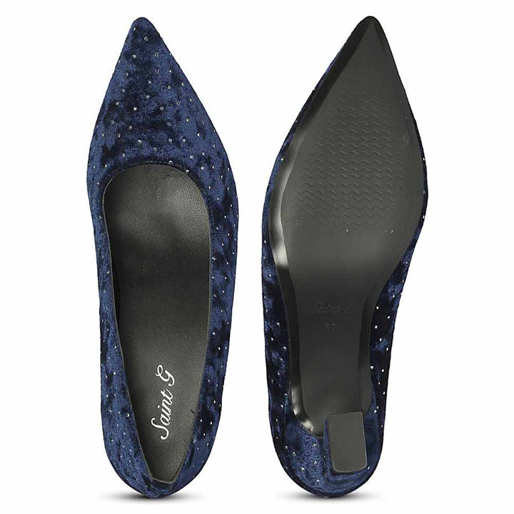 Saint Eleonore Navy Velvet Strass block Heel Pumps